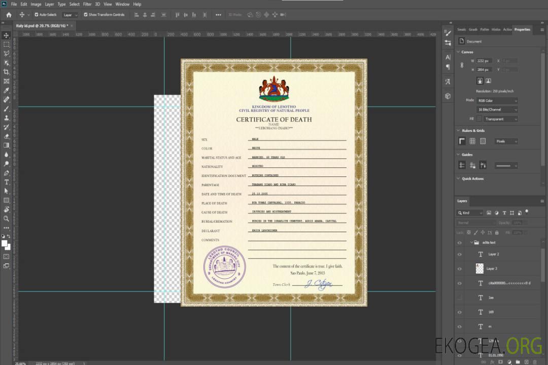 Modèle PSD de certificat de décès de l'état civil du Lesotho template Modèle PSD de certificat de décès de l'état civil du Lesotho template